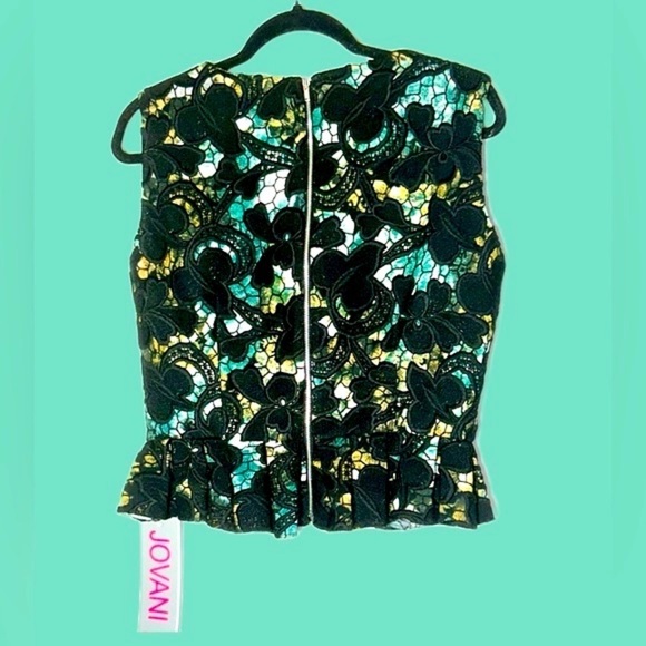 NWT Jovani Black, Green, & Yellow Lace Peplum Top, Built-In Bra, Back Zipper, 12 - Picture 5 of 16